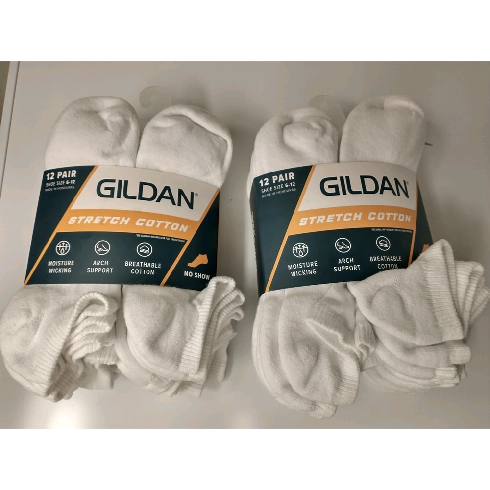 Gildan 24 pairs Men's Stretch‎ Cotton No Show White Socks Shoe Size 6-12